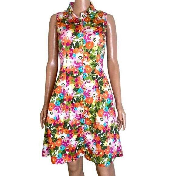 Talbots Woman Dress Pink Floral Bright Sleeveless Cotton Collar Button Down SZ 8 - Picture 2 of 13